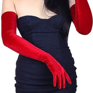 Red Women Long Velvet Gloves